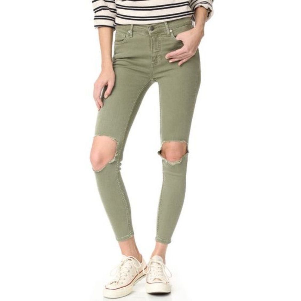 NWOT Free People Busted Rip Knee Olive Green Skinny Jeans 26